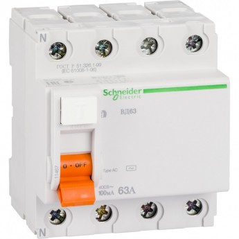 Дифференциальный выключатель нагрузки SCHNEIDER ELECTRIC ДОМОВОЙ ВД63 4П 63A 100MA АС, Испания