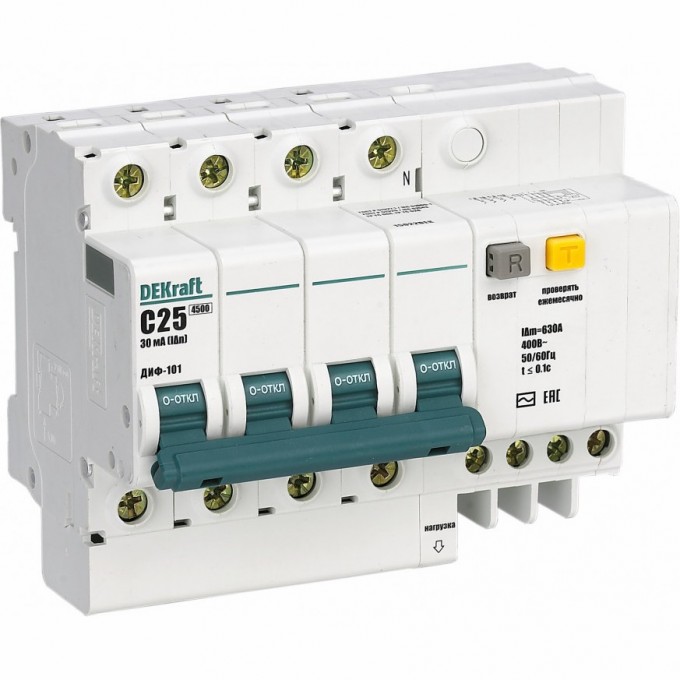 Дифференциальный автоматический выключатель SCHNEIDER ELECTRIC DEKRAFT 3P+N 16А 30мА тип AC х-ка C ДИФ-101 4,5кА 15184DEK