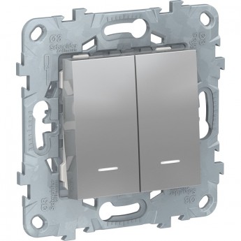 Переключатель 2-клавишный SCHNEIDER ELECTRIC UNICA NEW, 2 модуля,с подсветкой, 2 х сх.6а, алюминий