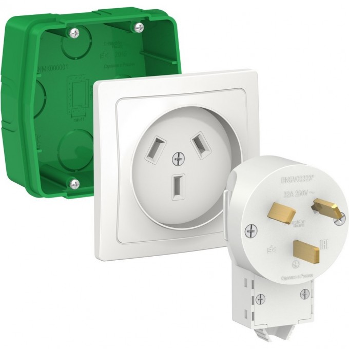 Силовой комплект SCHNEIDER ELECTRIC BLANCA 32 А, 250 В: розетка, вилка, монтажная коробка, БЕЛЫЙ BLNSK013231